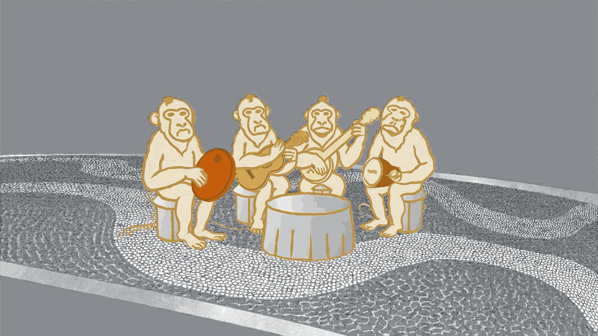 Cartoon monkeys playing a pagode roda on the Copacabana pavement