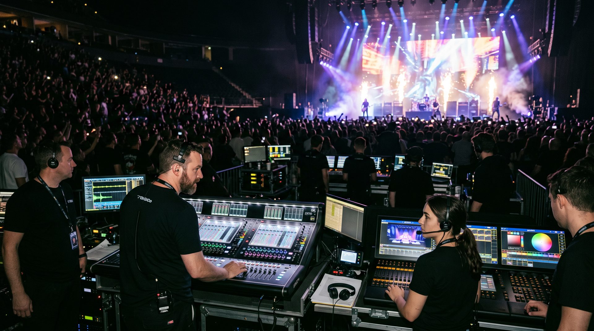 Equipo de producción en las consolas