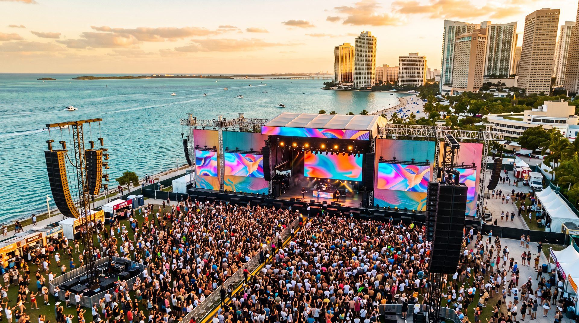 Escenario de festival frente al mar al atardecer