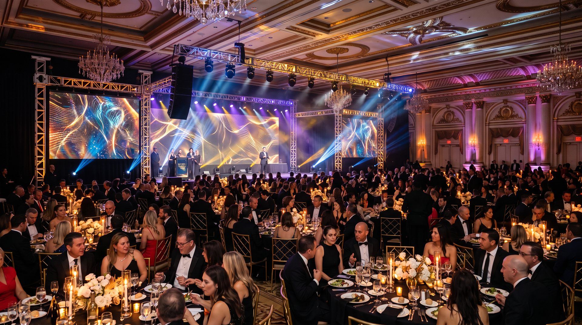 Gala en salón con pantallas LED e iluminación en truss