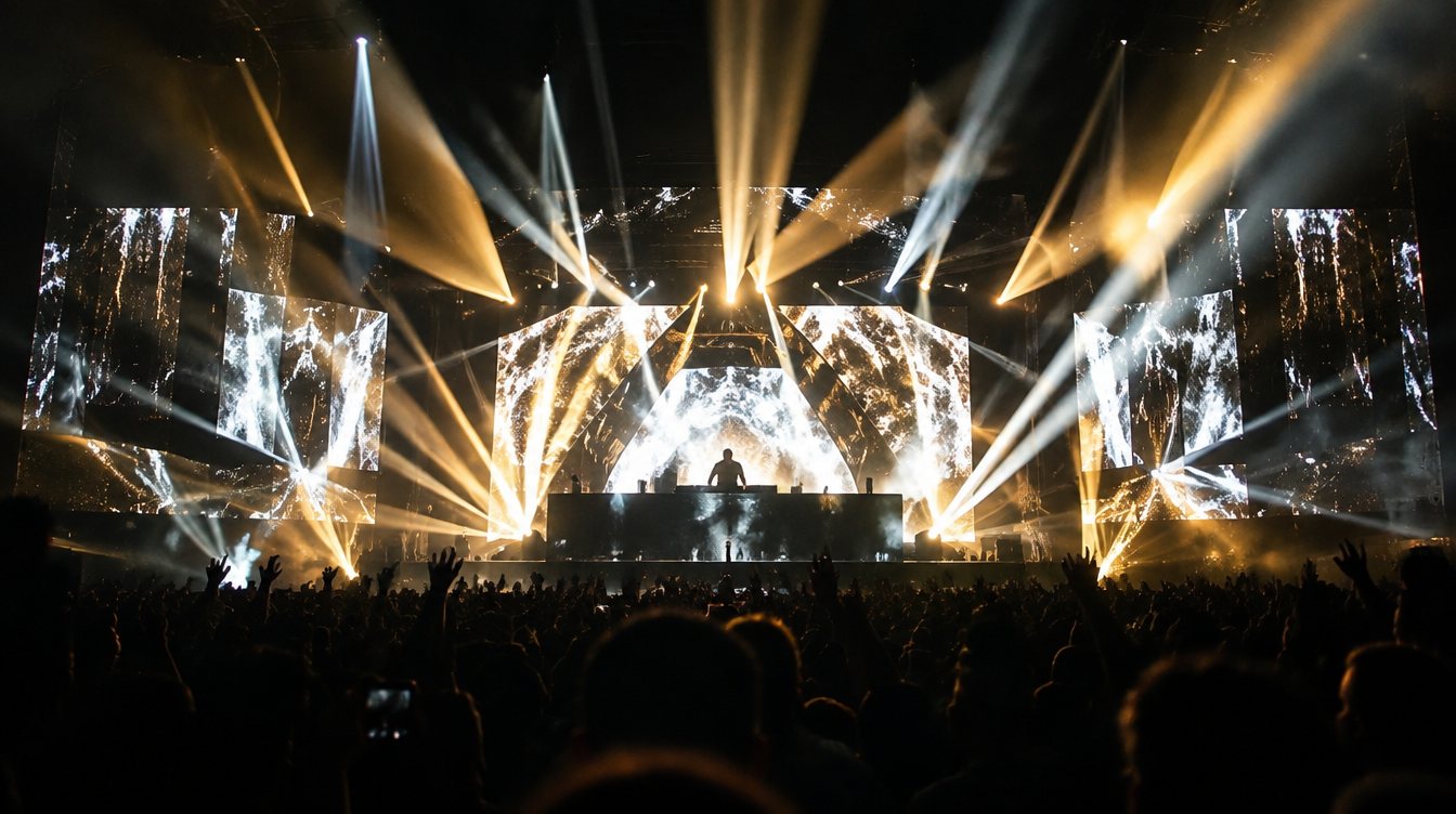 Escenario con pantalla LED y haces de luz
