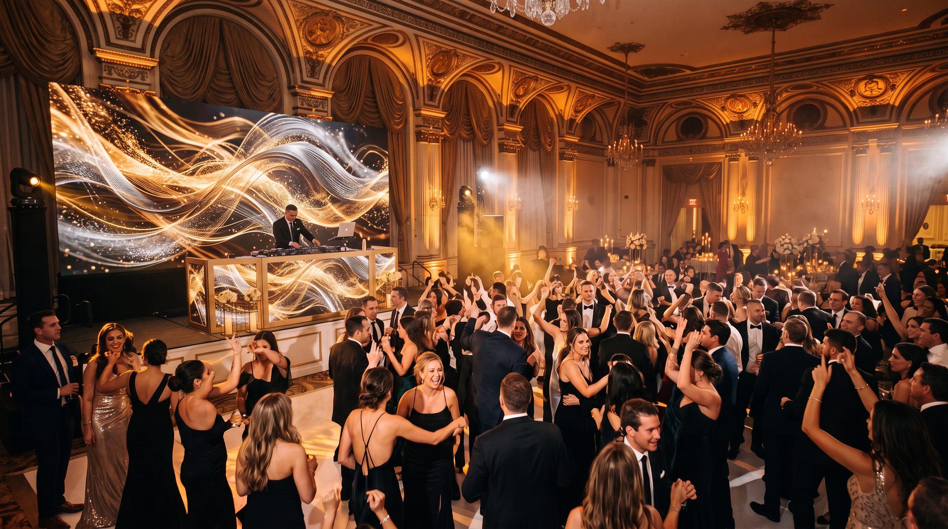 Pista de boda con pantalla LED y luz dorada